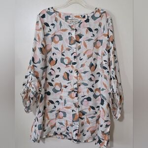 100% Linen Blouse Plus Floral Button Tab Sleeves Transitional Gauzy Size 1X